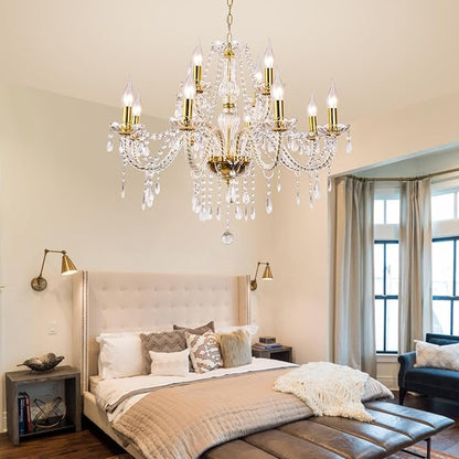 Modern Elegant 12 Lights K9 Crystal Glass Chandelier Golden Pendant Ceiling Lighting European Style for Dining Living Room Bedroom Transparent,12 E12 Bulbs Required