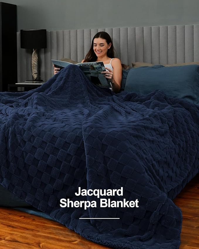 Pawque Super Soft Cozy Throw Blanket for Couch Bed - Fluffy Sherpa Fleece Reversible Thick Warm Fuzzy Blanket for All-Season, 3D Checkered Jacquard Elegant Decorative Blankets, Navy Blue, 50" x 60"