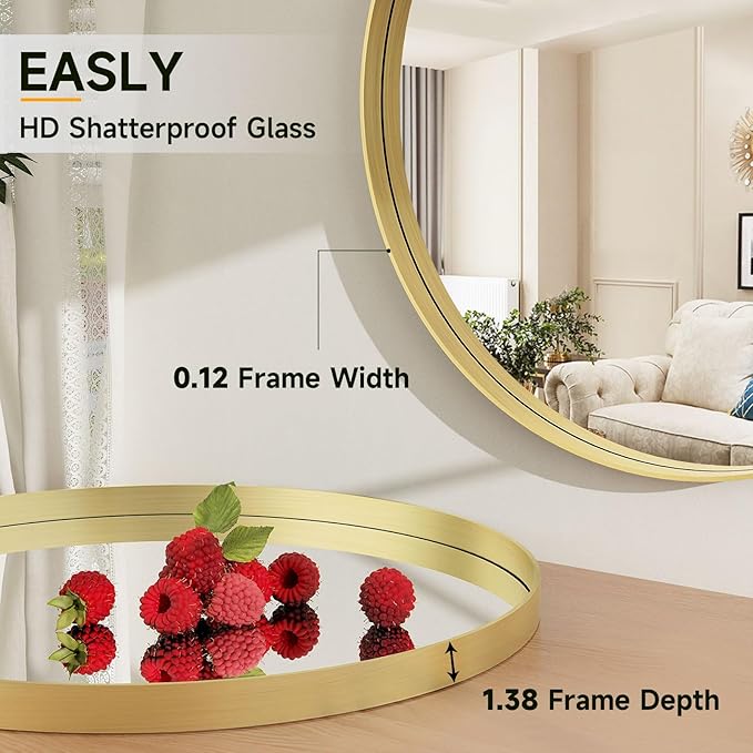 24 Inch Round Bathroom Mirror - Wall Mounted Circle Mirror with Metal Frame, Modern Mirror Suitable for Bathroom, Vanity, Entryway, Living Room, Wall Decor,Gold