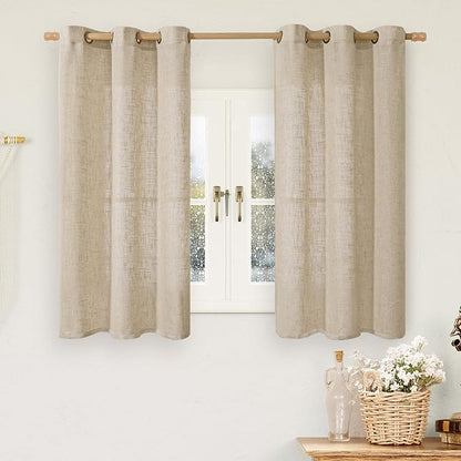 LAMIT Brown Sheer Linen Curtains 48 inches Length 2 Panels, Short Light Filtering Linen Textured Curtains for Kitchen/Window/Cafe/Loft Room, 34 x 48 Inch