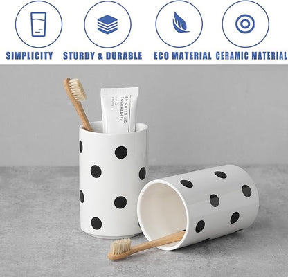 Black Polka Dot Ceramic Toothbrush Holders White - 2 Cups Toothbrush Holders for Bathrooms Toothbrush Toothpaste Holders, White Bathroom Tumbler Cups, Reusable Toothbrush Cups