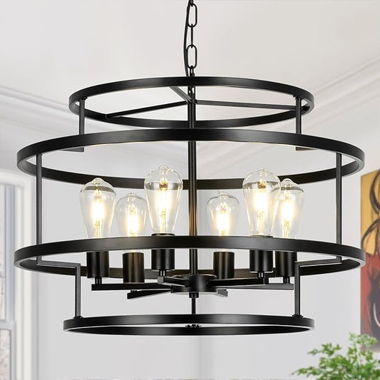 24" Black Chandelier, 6-Light Farmhouse Pendant Light Fixture with Geometric Metal Frame, Modern Industrial Ceiling Hanging Light for Dining Room, Living Room, Bedroom, Kitchen Island, Hallway, Foyer