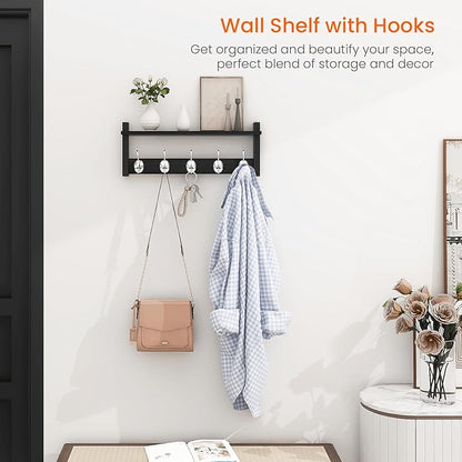 Homode Wall Coat Rack With Shelf, Wood Entryway Hanger With Hooks, Small Floating Pegs for Hanging Coats, Hats, Purses, Backpacks, Black