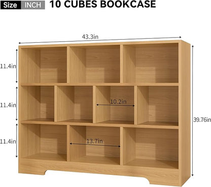 Book Shelf Set of 2, 10 Cubes Storage Organizer, 3-Tier Open Shelf Wooden Bookcase, Freestanding Wooden Bookshelf Cube Shelf for Bedroom, Living Room, Home Office