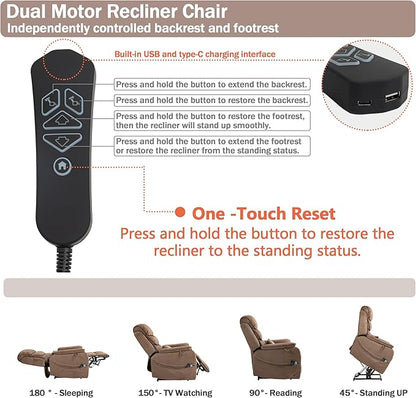 Power Lift Recliner Chair for Adults Elderly Lay Flat Velvet Recliners with Massage Heating, Extended Footrest, Wireless Charging Device, USB Ports, Cup Holder, Lumbar Pillow