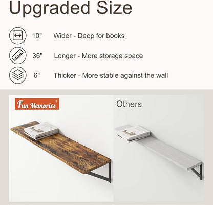 36"W x 10"D Floating Shelves, 10 Inch Deep Floating Shelves, Farmhouse Rustic Deep Wall Shelves for Home Decor, Wide Large Floating Shelf for Bathroom, Living Room, Kitchen, Study Room, Rustic Brown