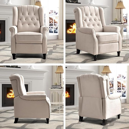 EBELLO Pushback Recliner Chair, Fabric Armchair Push Back Recliner with Rivet Decoration, Mid Century Wingback Accent Chair for Living Room, Bedroom, Beige