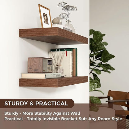 Floating Shelves - 2 Large Wall Mounted Shelves with Invisible Brackets, Long Wood Floating Wall Shelf for Living Room, Bedroom, Kitchen (Walnut, 24" W x 9" D x 1.5" H)