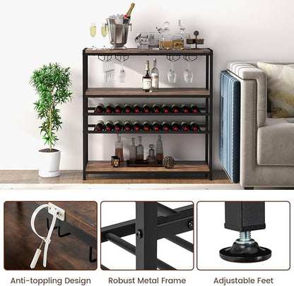 GOFLAME Industrial Wine Rack Table, Wine Bar Cabinet with 2-Tier Wine Rack, 4 Row Glass Holder and Storage Shelves, Freestanding Floor Liquor Storage Stand for Kitchen, Dining Room, Rustic Brown