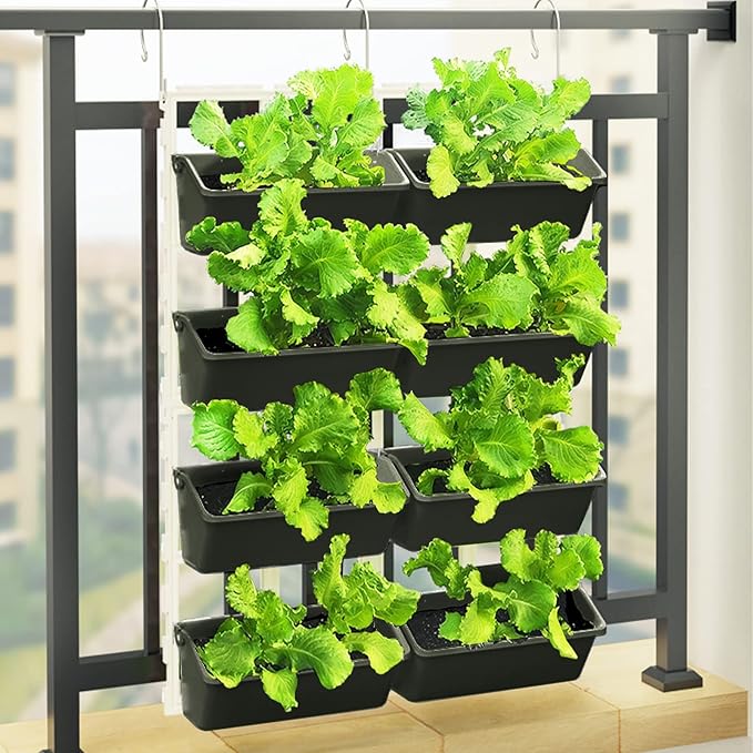 8 Pockets Vertical Planters,Wall Mounted Plastic Plant Grow Pots,Wall Pocket Planters for Indoor,Outdoor,Balcony,Garden Decoration,Green