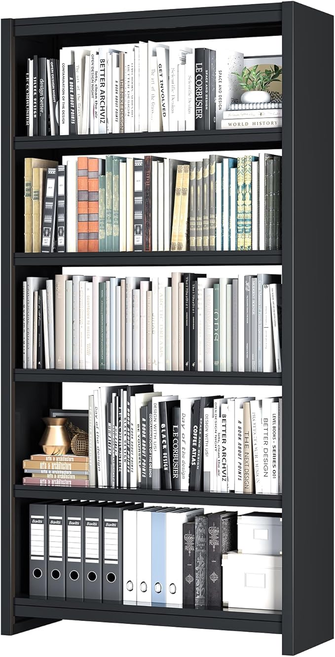 Bookshelf, 5 Shelf Bookcases, Tall Bookcase for Heavy Books, CDs, Movies, Garage Kit, Modern Display Shelf for Library Home Office Bderoom Living Room, Metal Bookshelves Industrial Black