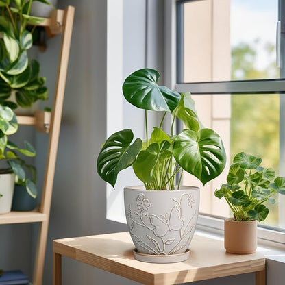 6 Inch Ceramic Plant Pot for Indoor Plants Outdoor Round Planter Flower Pot with Drainage Hole and Saucer for Home Garden Office Decor White