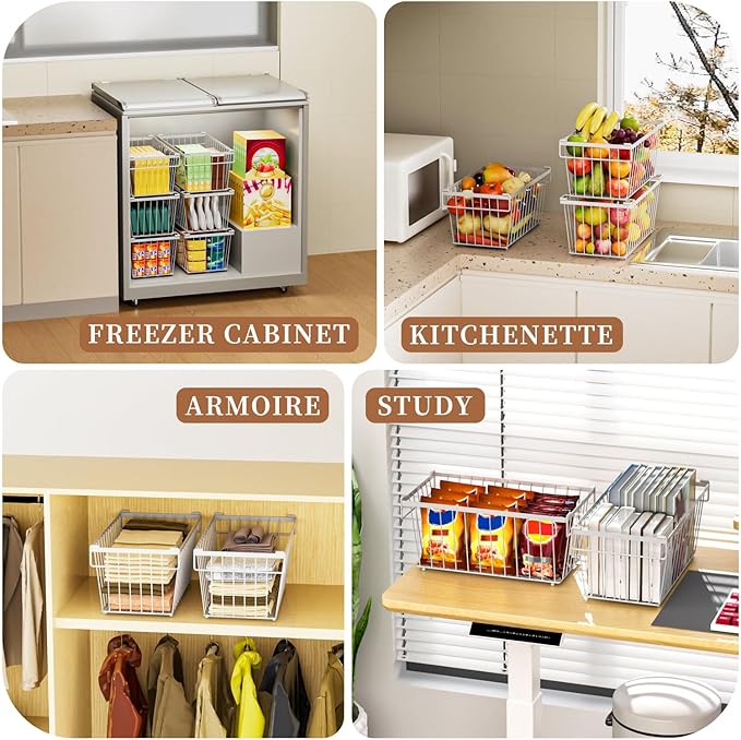 Freezer Organizer Bins ，Upgraded Bottom Leak-Proof net，4 Pack，Encryption and Hardening ，Deep Freezer Organizer Bins for 5 to 7 Cu.FT Small Chest Freezer， Easy Get Bottom Foods（white）
