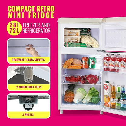 Retro Mini Fridge 3.5 Cu.ft Small Refrigerator with Top Freezer Compact Fridge Apartment Size Refrigerator Dual Door with Handles for Home Office Dorm