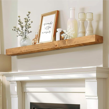 48x7x3 Fireplace Mantel - Solid Rustic Wood - Wall Mounted Floating Shelf with Invisible Heavy Duty Steel Bracket (Natural Wood)