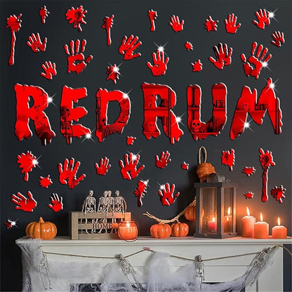 Halloween Decorations Stickers for Wall Bloody Handprint Decals for Bathroom Mirror Acrylic Halloween Party Supplies Decal Peel and Stick Scary Red Blood Stickers for Haunted House Party Home Office