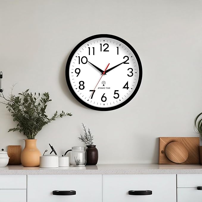 Atomic Wall Clock Analog 14 Inch Battery Operated Modern Decorative for Living Room Kitchen Office Bedroom Bathroom(Black)