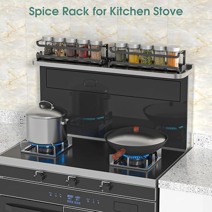 LUCYCAZ 2 Pack Wall Mounted Spice Rack with 16 Hooks, Spice Organizer Shelf for Stove Cabinet Pantry Door,Screw or Adhesive Spice Shelf Hanging Wall Spice Rack in Kitchen and RV (Black, 2 PACK)