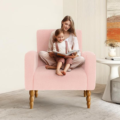 Chenille Fabric Accent Chair Set of 2, Upholstered Armchair with Solid Wood Legs, Modern Living Room Accent Chair, Comfy Single Sofa Chair Reading Club Chair for Bedroom Reception Lounge,Pink