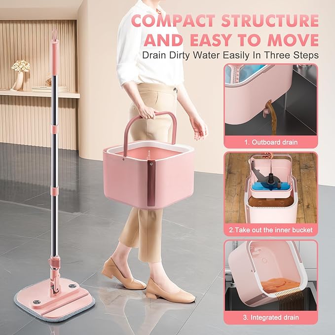 Upgraded Spin Mop and Bucket Set Self-Standing Mop Bucket Separate Dirty and Clean Water System Self Wringing 360° Rotating 90° Foldabl Mops and Buckets for Floor Cleaning (Pink, 2Pads)