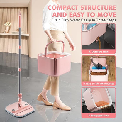 Upgraded Spin Mop and Bucket Set Self-Standing Mop Bucket Separate Dirty and Clean Water System Self Wringing 360° Rotating 90° Foldabl Mops and Buckets for Floor Cleaning (Pink, 2Pads)