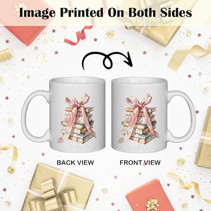 JINYO Coquette Pink Bow Books Mug, Book Coffee Cup, Reading Mugs for Book Lovers, Gifts for Readers Books Lovers Women, Bookish Bookworm Gifts for Women, Ceramic Coffee Tea Mug 11 oz