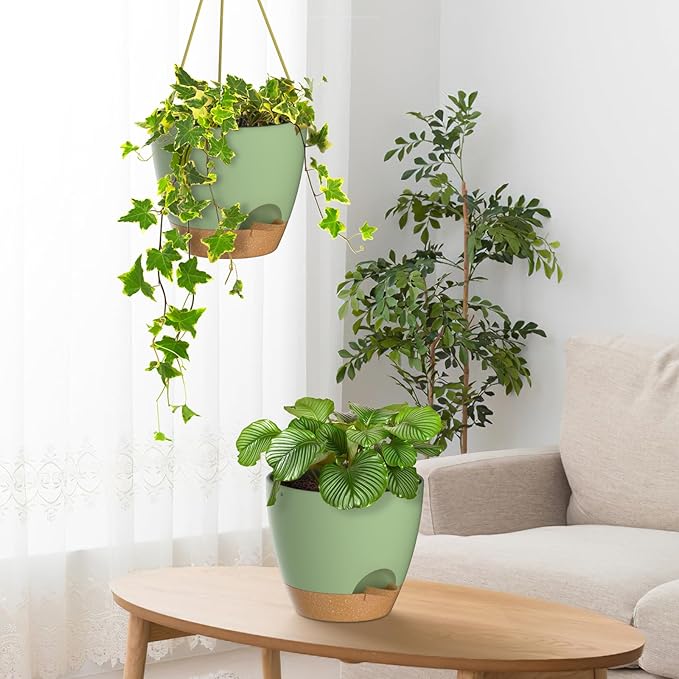 ZMTECH 10 Inch Hanging Planters for Indoor Outdoor Plants, 2 Pack Self Watering Hanging Plant Pots with Drainage Holes and Removable Saucer, Plastic Flower Hanging Pots with Watering Lip (Green)