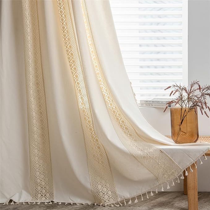 Sutuo Home Boho Curtain Crochet Dots Patchwork Semi-Blackout Bohemian Handmade Tassels, Rod Pocket Window Treatment Vintage Rustic Farmhouse Drapes for Living Bedroom, 1 Panel 59" W x 84" L, Beige