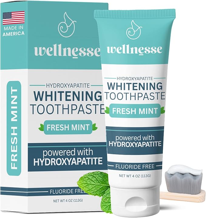 Wellnesse Whitening Hydroxyapatite Toothpaste with Xylitol, Natural Fluoride-Free Teeth Whitening Toothpaste for Adults, Strengthens Enamel, Supports Gum Health, Fresh Mint Flavor, 4 oz (Pack of 1)