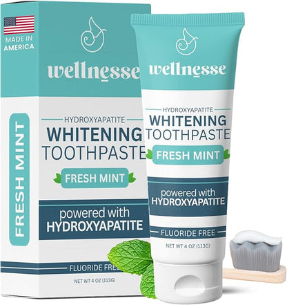Wellnesse Whitening Hydroxyapatite Toothpaste with Xylitol, Natural Fluoride-Free Teeth Whitening Toothpaste for Adults, Strengthens Enamel, Supports Gum Health, Fresh Mint Flavor, 4 oz (Pack of 1)