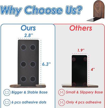 Book Ends, Sturdy Wooden Bookends for Shelves - Heavy Duty Non-Slip Book Organizers, Decorative Bookend Holders for Home Office, Library, Black Walnut Universal Economy Bookend, Medium, 1 Pair