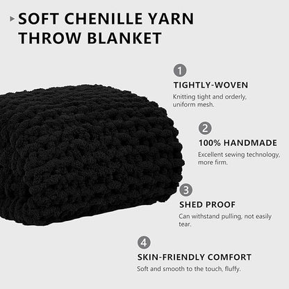 L'AGRATY Chunky Knit Blanket Throw: 72''x84'' Chenille Chunky Knitted Throw Blanket for Bed Couch - Handmade Thick Big Cable Knit Blanket - Large Chunky Crochet Rope Blanket for Home Decor(Black)