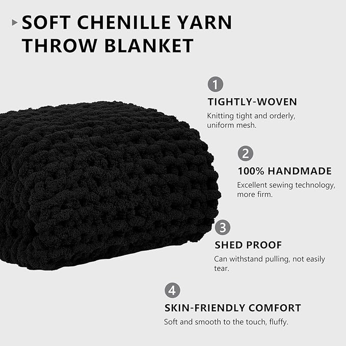 L'AGRATY Chunky Knit Blanket Throw: 80''x90'' Chenille Chunky Knitted Throw Blanket for Bed Couch - Handmade Thick Big Cable Knit Blanket - Large Chunky Crochet Rope Blanket for Home Decor(Black)