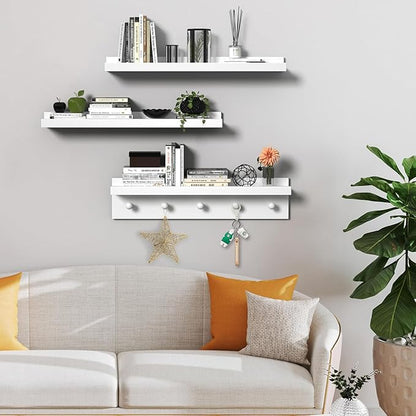 MBYD Picture Shelf Ledge, 24 Inch Floating Shelves for Wall, Nursery Book Shelves with Hooks Set of 3, Floating Shelf Wall Mounted for Bathroom,Kids Room, Living Room, Kitchen Bedroom White