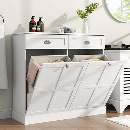 Loomie Double Tilt Out Laundry Hamper Cabinet, Hidden Laundry Cabinet with 2 Drawers & 2 Baskets, 30 Gallon Trash Can for Bathroom, Kitchen, White