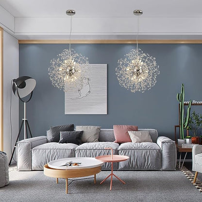 Modern Farmhouse Chandelier, Sputnik Crystal Beaded Pendant Lamp, Round Sunflower Chrome Hanging Light Fixtures for Dining Room Foyer Bedroom Kitchen Island (Chrome 12Lights)