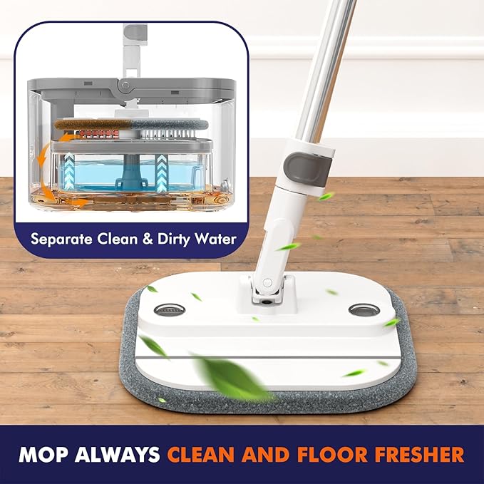 Upgraded Self-Standing Spin Mop and Bucket System, Detachable Inner Mop Bucket That Separates Dirty Water & 90° Foldable Head, Triple-Scrubbing System, for Hardwood Floors - White with 6 Pads