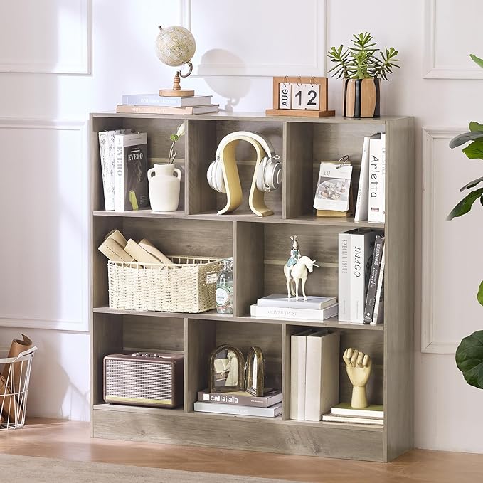 LEYAOYAO 8 Cube Bookshelf with Base,3 Tier Mid-Century Modern Grey Bookcase,Standing Wide Bookshelves Storage Organizer Shelf,Rustic Wood Display Cabinet Book Shelves for Bedroom,Living Room,Office