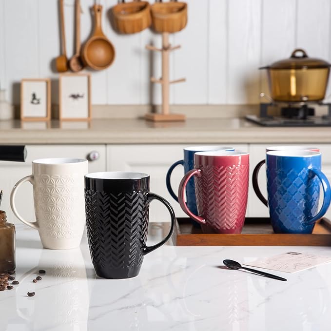 AmorArc Extra Large Coffee Mugs Set of 6, 20oz Ceramic Tall Coffee Mugs Set with Textured Geometric Patterns for Latte/Tea/Beer/Hot Cocoa, Dishwasher & Microwave Safe, Blue