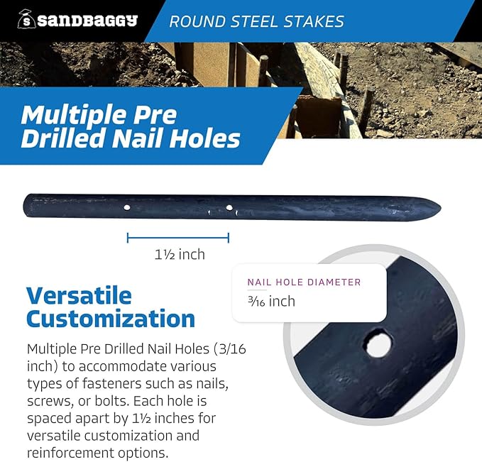 Sandbaggy Round Steel Concrete Form Stakes with Nail Holes - Rust Resistant Coating - Removable, Reusable (80, 3/4 in X 12 in)