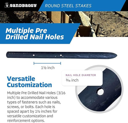 Sandbaggy Round Steel Concrete Form Stakes with Nail Holes - Rust Resistant Coating - Removable, Reusable (80, 3/4 in X 12 in)