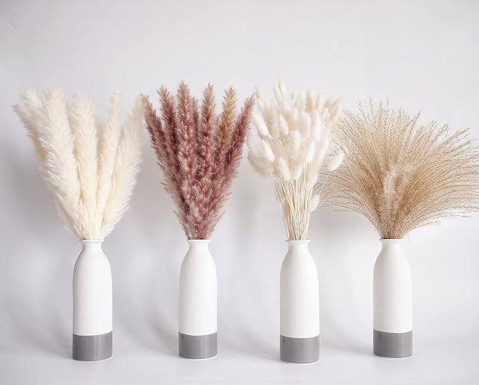 Natural Dried Pampas Grass Decor, 100 PCS Pampas Grass Contains White Bunny Tails Dried Flowers, Reed Grass Bouquet for Wedding Boho Flowers Home Table Decor, Rustic Farmhouse Party