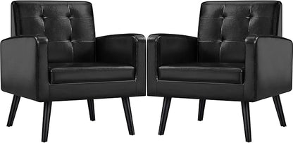 Yaheetech Mid-Century Accent Chairs, PU Leather Modern Upholstered Living Room Chair, Cozy Armchair Button Tufted Back and Wood Legs for Bedroom/Office/Cafe Black 2PCS