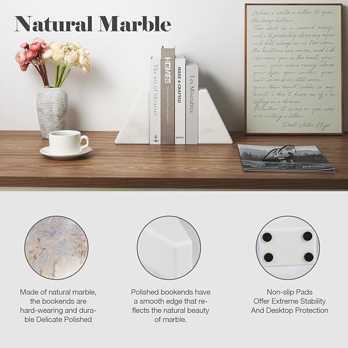 Marble Book Ends Decorative, Unique Bookends for Shelves, White Stone Bookends Holds Heavy Books, Weighted Book Holder Stopper for Home Office Desk Bookshelf Decoration, Set of 2