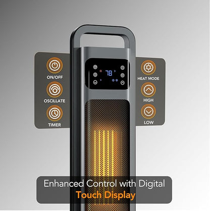 Comfort Zone Oscillating Digital Tower Heater with Remote Control for Indoor Use, Adjustable Thermostat, Timer, Overheat Protection, Tip-Over Switch, Ideal for Home, Bedroom, & Office, HT1206-GRY