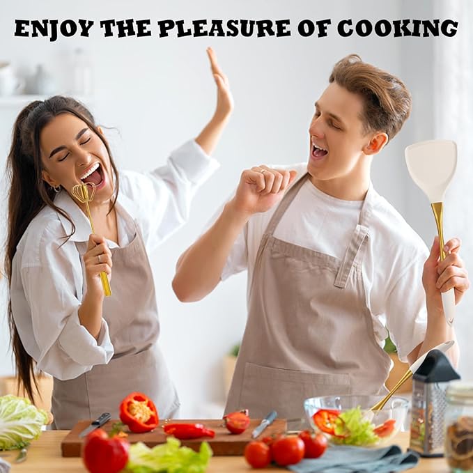 Elegant White Gold Silicone Cooking Utensils Set - Non-Toxic, Dishwasher Safe Kitchen Utensils Set with Heat Resistant Comfort Handles - Includes Spatula & Spoon for Nonstick Cookware
