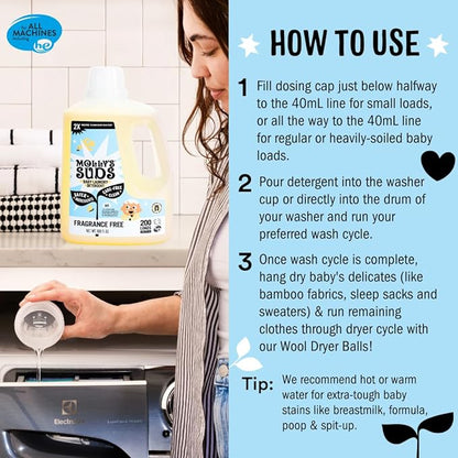 Molly's Suds Baby Liquid Laundry Detergent | Removes Formula, Poop & Spit-Up Stains | Extra Gentle for Infants, Babies, Toddlers (Fragrance Free, 100 Loads)