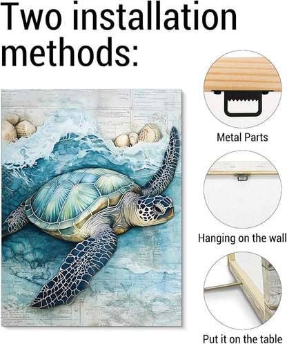 Coastal Sea Turtle Canvas Wall Art Turtle Nautical Ocean Theme Print Poster Framed Picture Painting for Home Beach House Bedroom Wall Decor 11x15 Inch