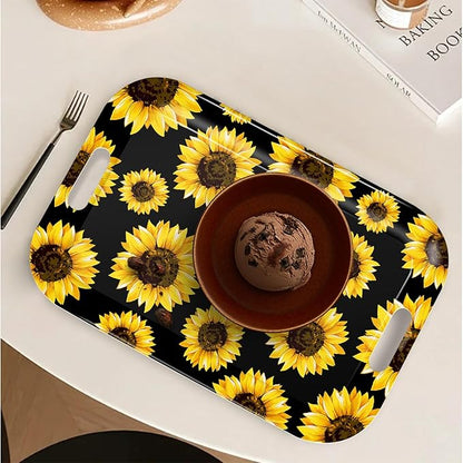 Serving Trays with Handles, 14.5 x 9.8 inch Rectangular Plastic Tray for Restaurant, Kitchen, Sunflower Black Background