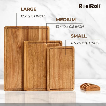 Acacia Wood Cutting Board for Kitchen, 3 Set with Holder - FSC Certified Large Wood Charcuterie Cheese Board with Handles and Juice Grooves, Wooden Chopping Block, Ideal Gift Set of 3 (S/M/L)